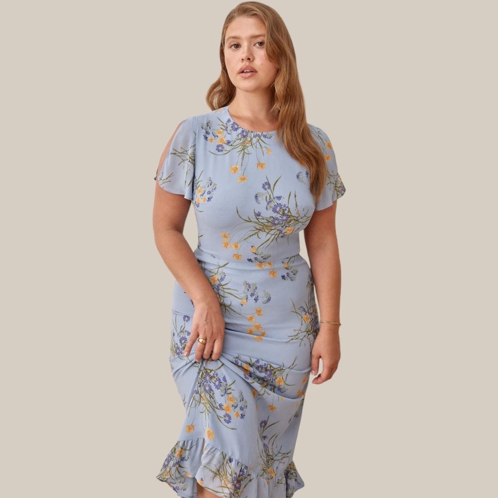 Reformation Marjorie Blue Gray Short Sleeve Midi Dress